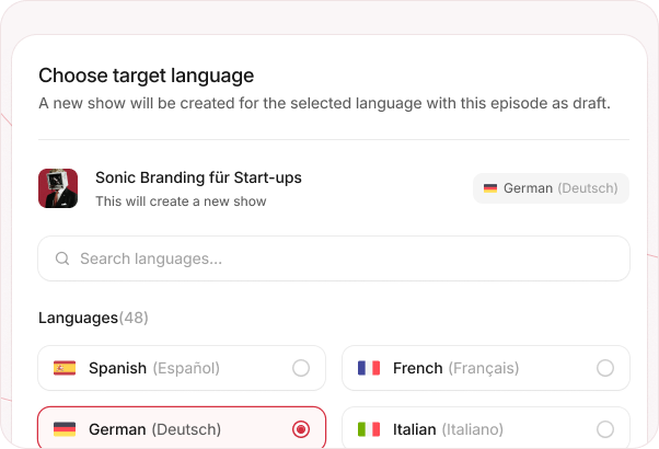 Rebel Audio translation feature showing 48 language options
