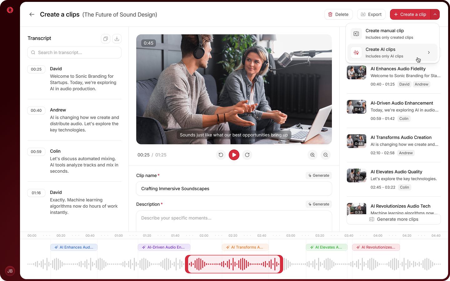 Rebel Audio Smart Clips editor with transcript and AI-generated clips
