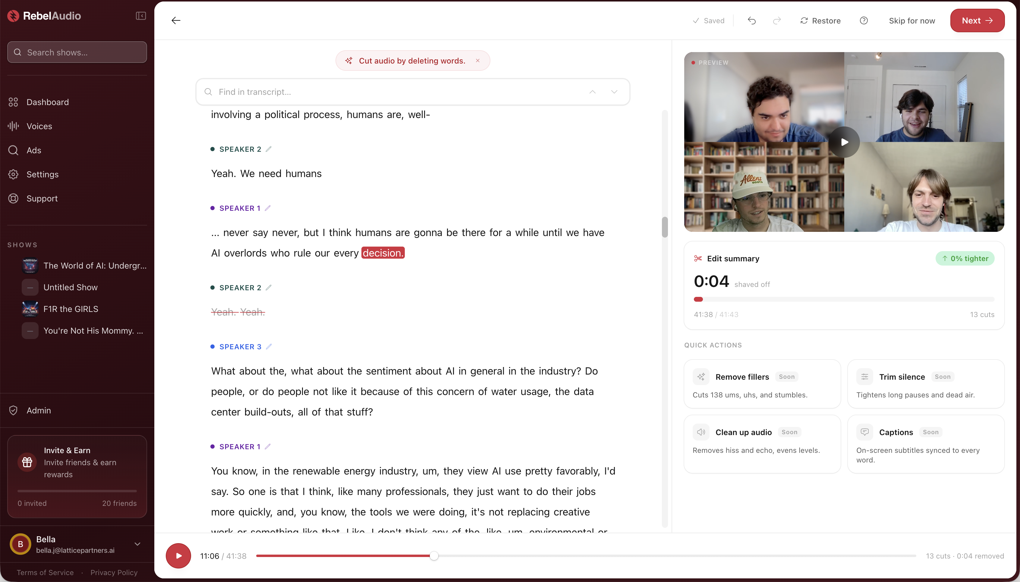 Transcript editor product interface